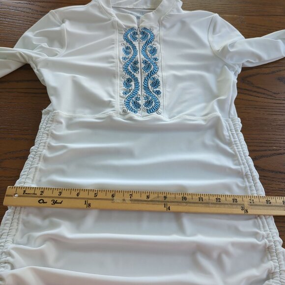 Cabana Life Womens Top sz S White Blue Embroidered convertible ruched rashguard - Picture 11 of 13